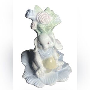 Vtg Porcelain White Rabbit Figurine with Floral And Mushroom Accent